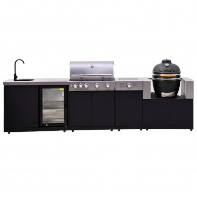 Pack KAMVERO Chef Fresh – Barbacoa, Kamado, quemador lateral, fregadero + frigorífico